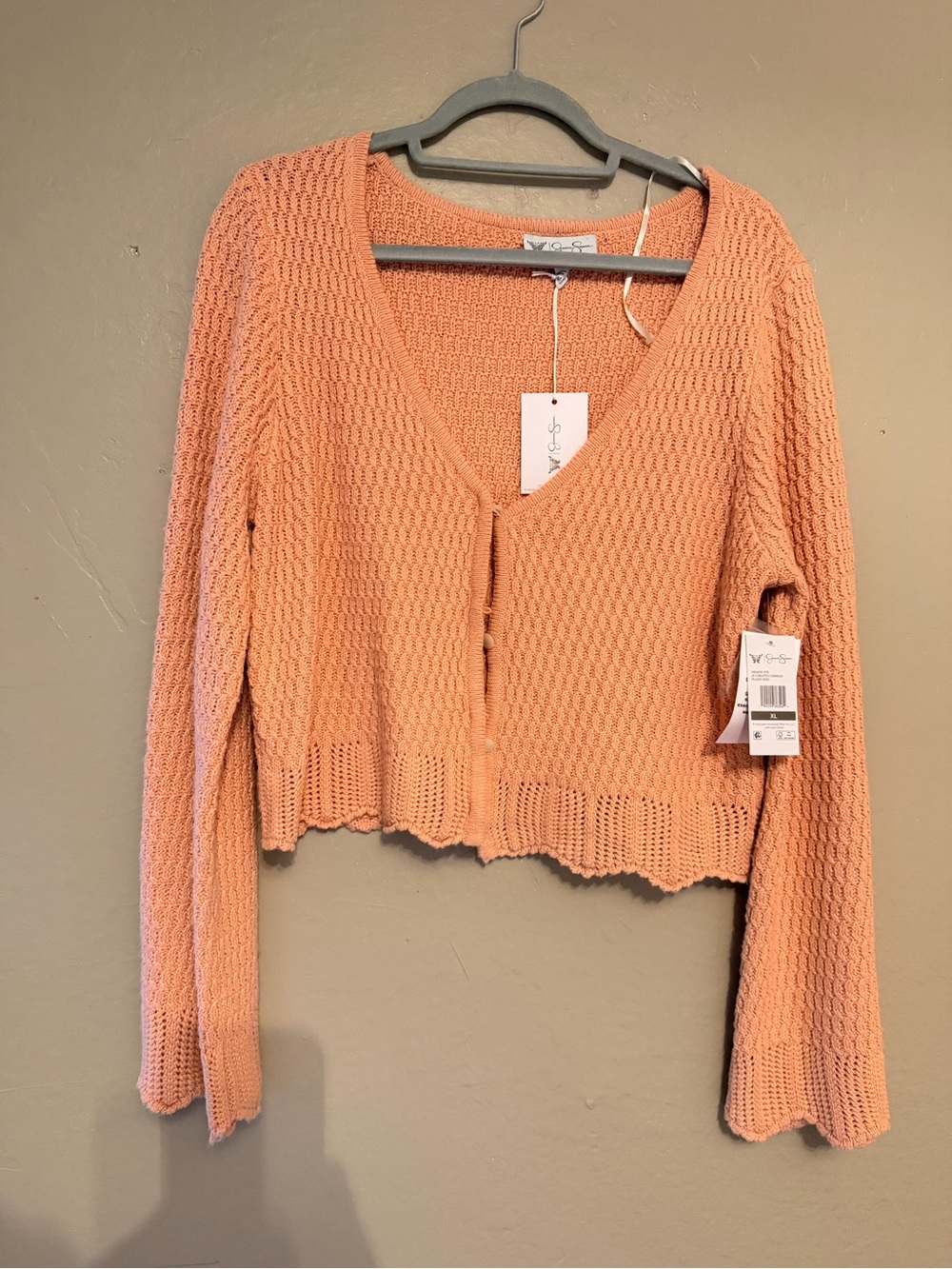 Jessica Simpson Peach Crochet V-Neck Button Cardigan